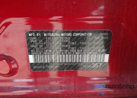 2020 Mitsubishi Outlander Sport 2.0 Es z USA, uszkodzony, nr VIN JA4AP3AU0LU027502